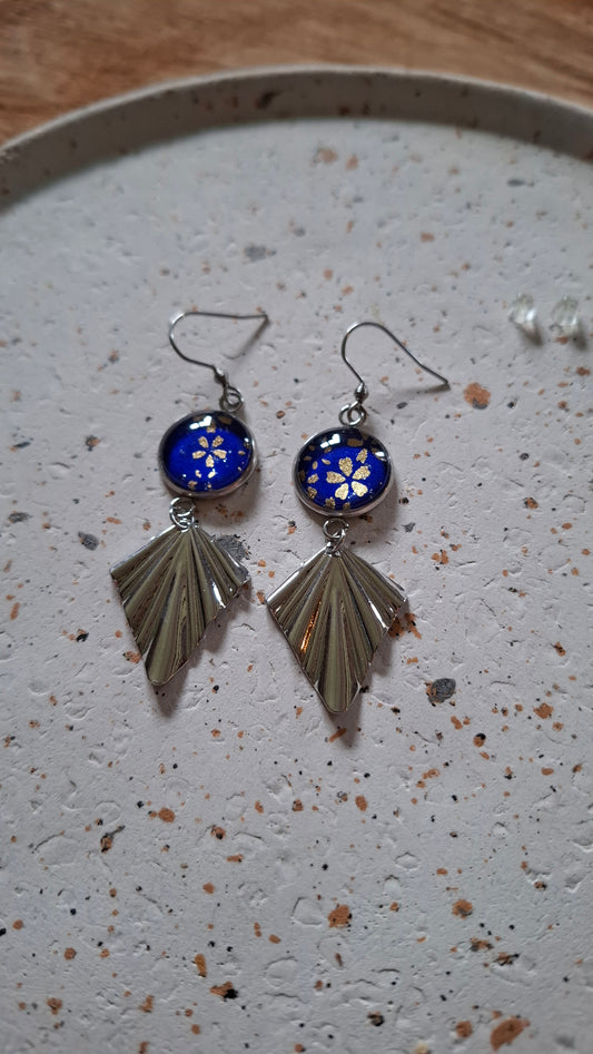 Boucles d'oreilles cabochons ronds 16mm - Acier inoxydable - papier japonais bleu floral - breloque losange