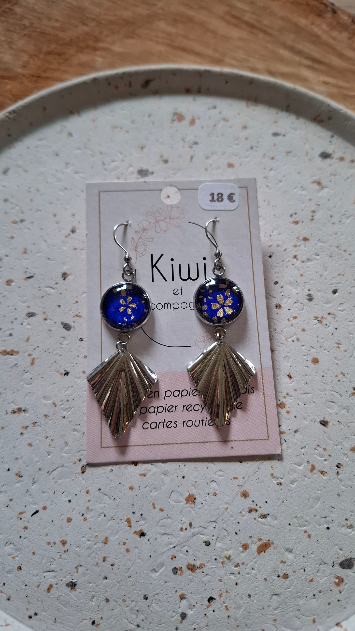 Boucles d'oreilles cabochons ronds 16mm - Acier inoxydable - papier japonais bleu floral - breloque losange