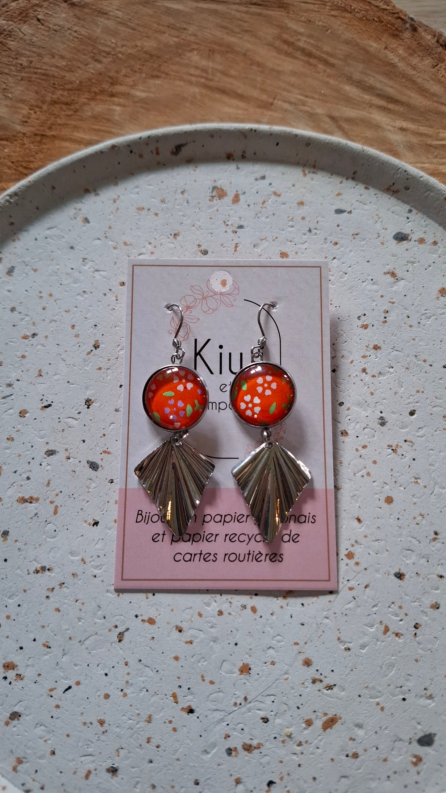 Boucles d'oreilles cabochons ronds 16mm - Acier inoxydable - papier japonais orange floral - breloque losange