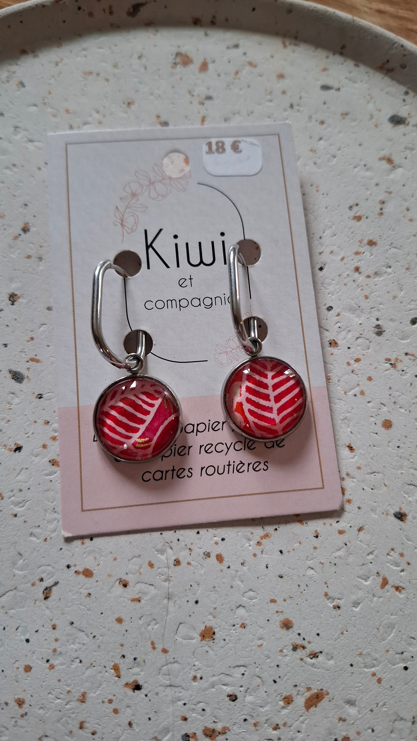 Boucles d'oreilles Créoles Dormeuses 20 mm - cabochons verre 16 mm - papier feuille rose - acier inoxydable