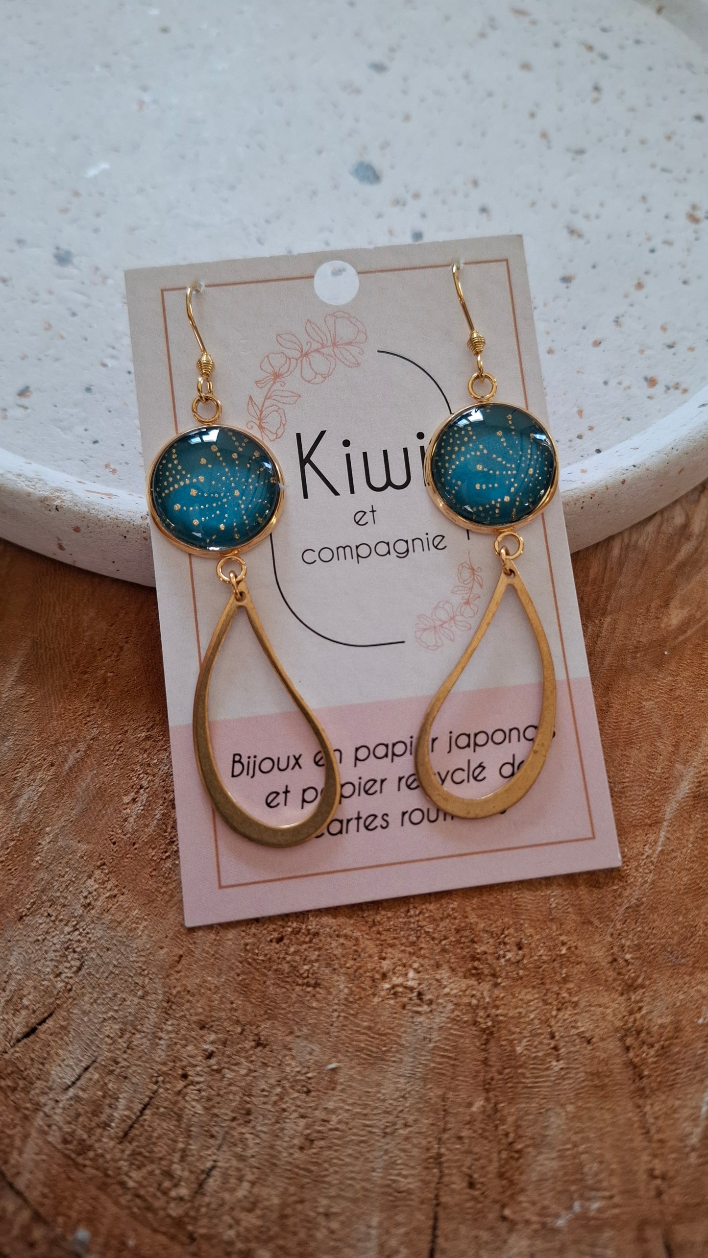 Boucles d'oreilles longues - Cabochons 16mm - Pois dorés, fond bleu pétrol