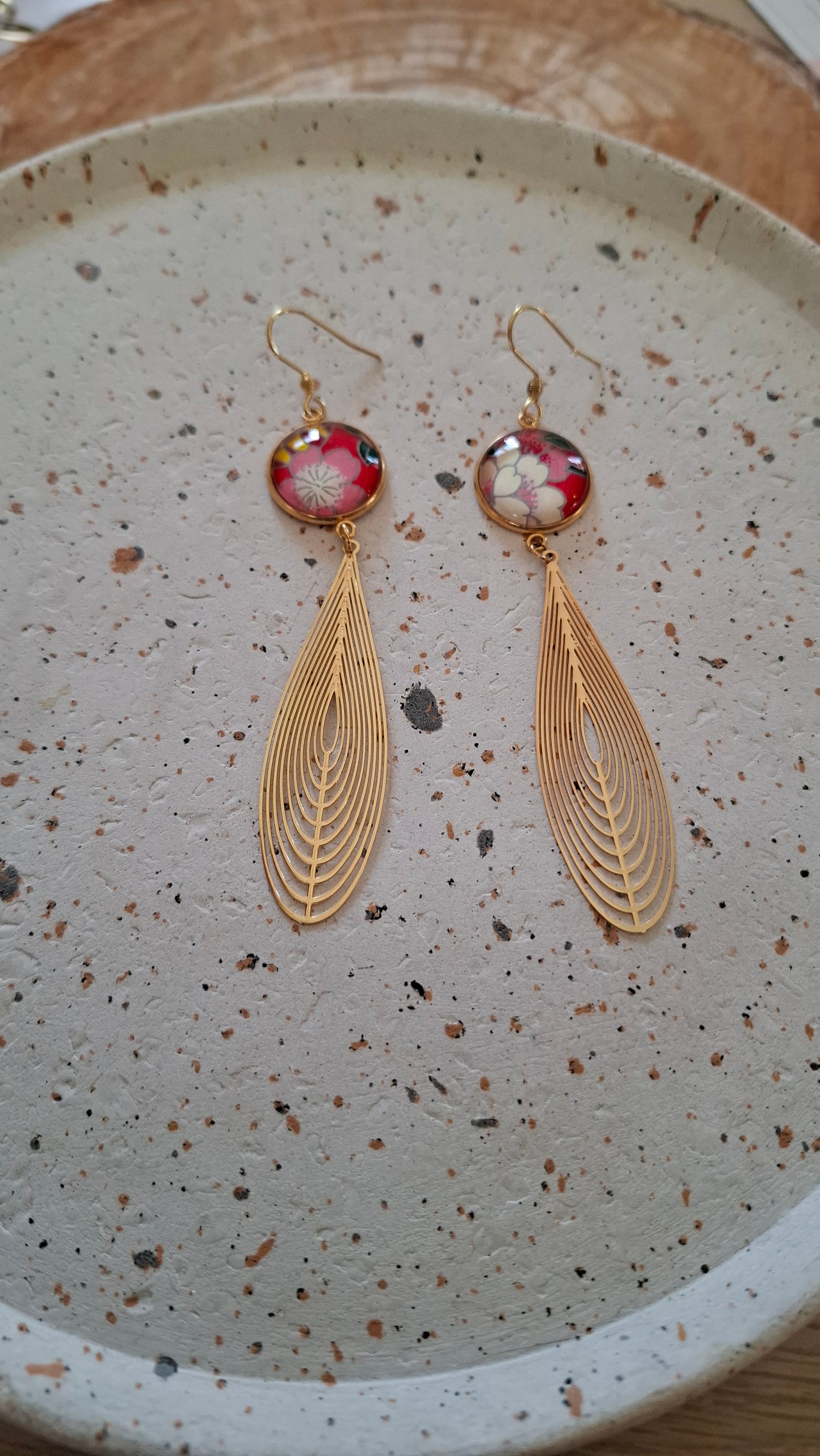 Boucles d'oreilles cabochons ronds 16mm - Acier inoxydable  - papier japonais floral blanc, rouge, rose et vert