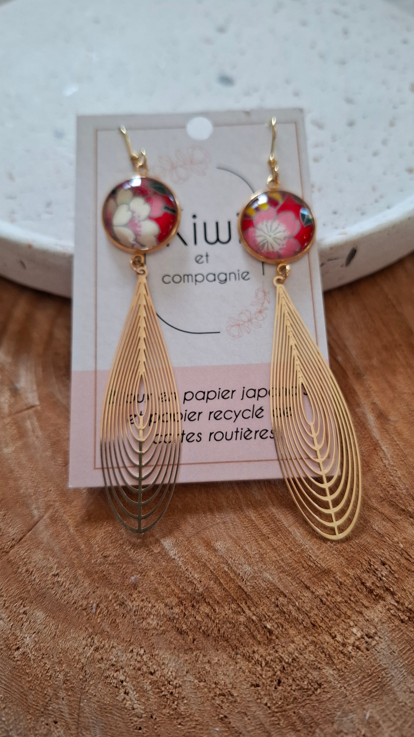 Boucles d'oreilles cabochons ronds 16mm - Acier inoxydable  - papier japonais floral blanc, rouge, rose et vert