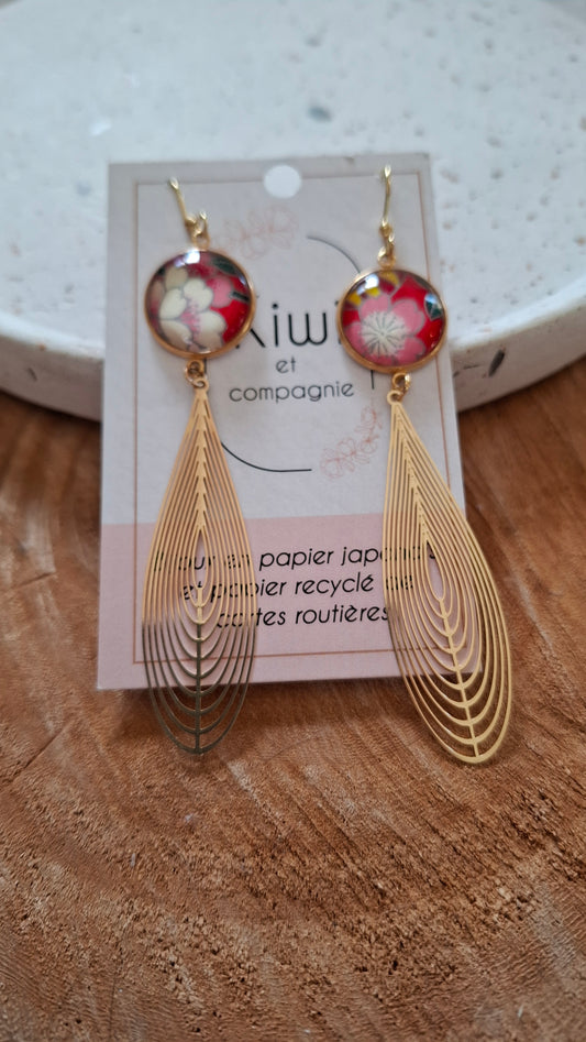 Boucles d'oreilles cabochons ronds 16mm - Acier inoxydable  - papier japonais floral blanc, rouge, rose et vert