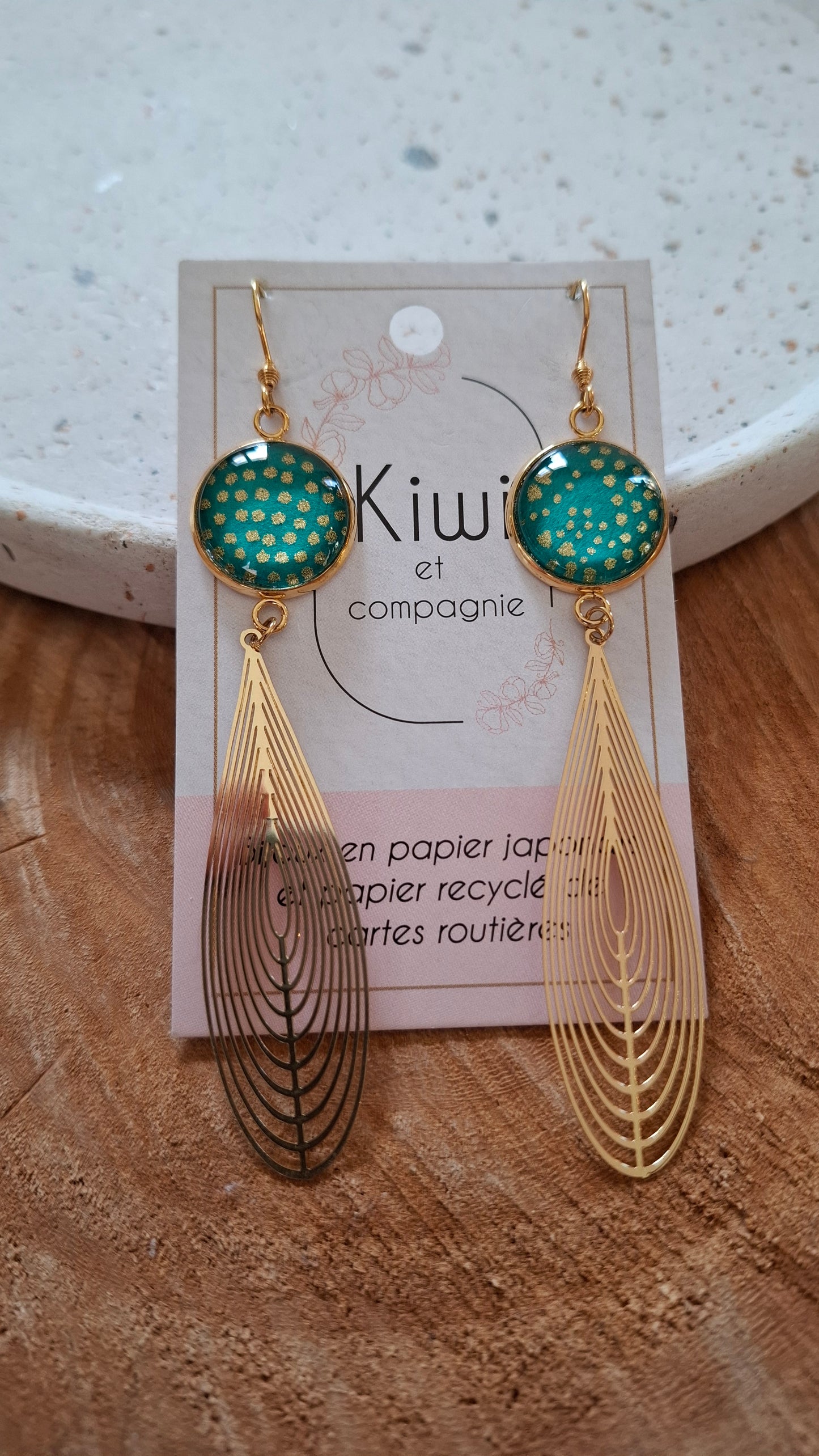 Boucles d'oreilles cabochons ronds 16mm - Acier inoxydable  - papier japonais vert et pois doré