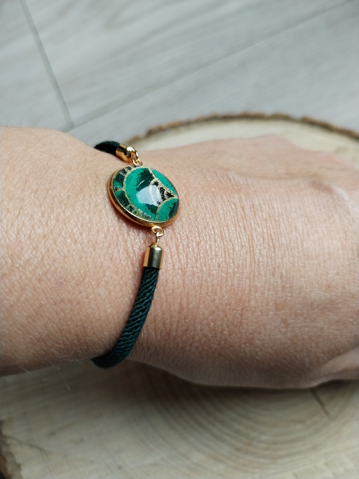Bracelet réglable en coton vert - cabochon en papier japonais vert et doré