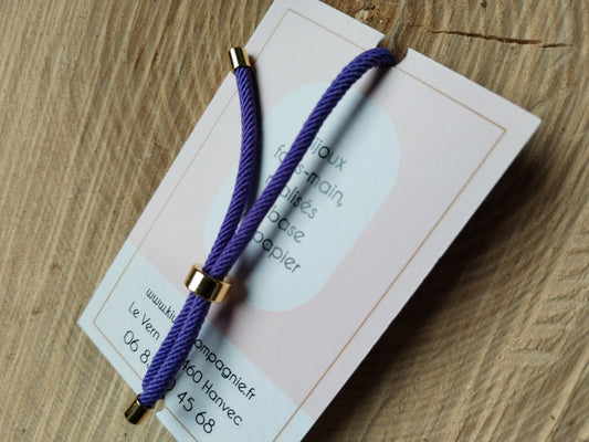 Bracelet réglable en coton violet - cabochon floral blanc, doré et violet