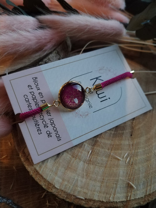 Bracelet réglable en coton rose- cabochon rose fushia