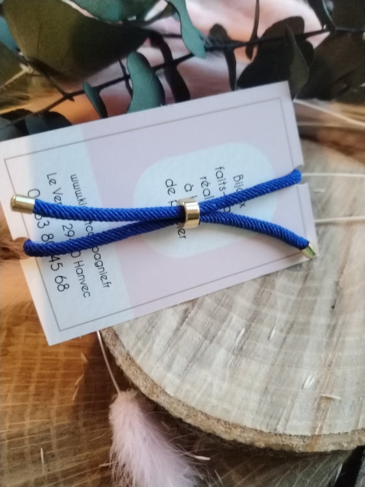 Bracelet réglable en coton bleu nuit- cabochon bleu et pois doré