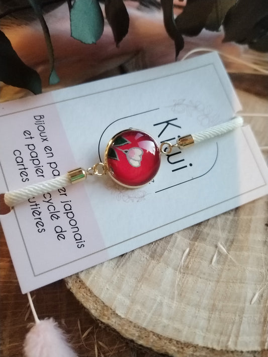 Bracelet réglable en coton blanc- cabochon rouge fleur