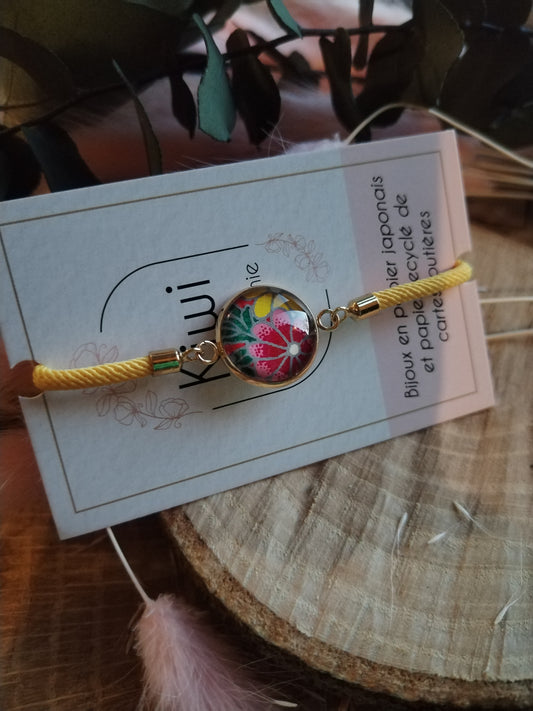 Bracelet réglable en coton jaune - cabochon fleur rouge jaune