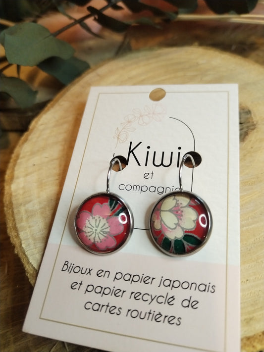 Boucles d'oreilles dormeuses rondes 16 mm- Acier inoxydable rouge et fleur