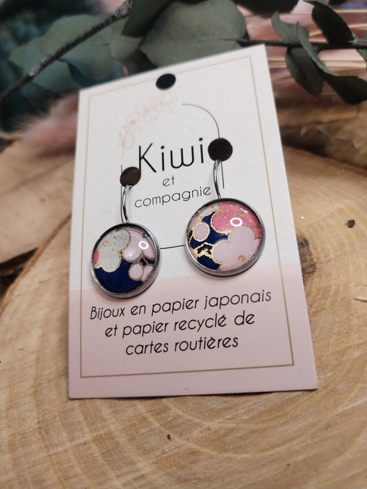 Boucles d'oreilles dormeuses rondes 16 mm- Acier inoxydable bleu et rose