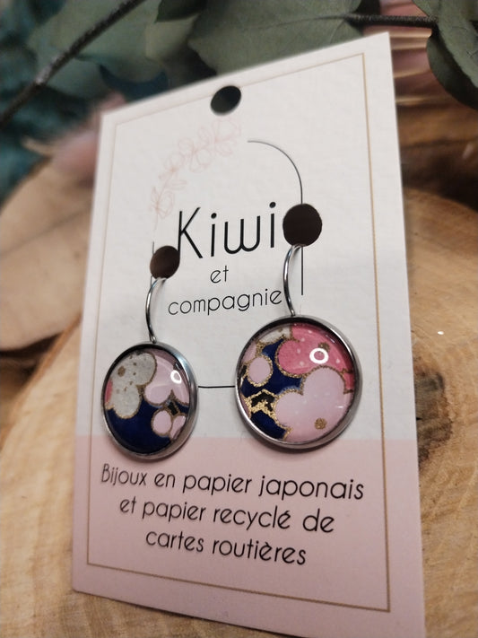 Boucles d'oreilles dormeuses rondes 16 mm- Acier inoxydable bleu et rose