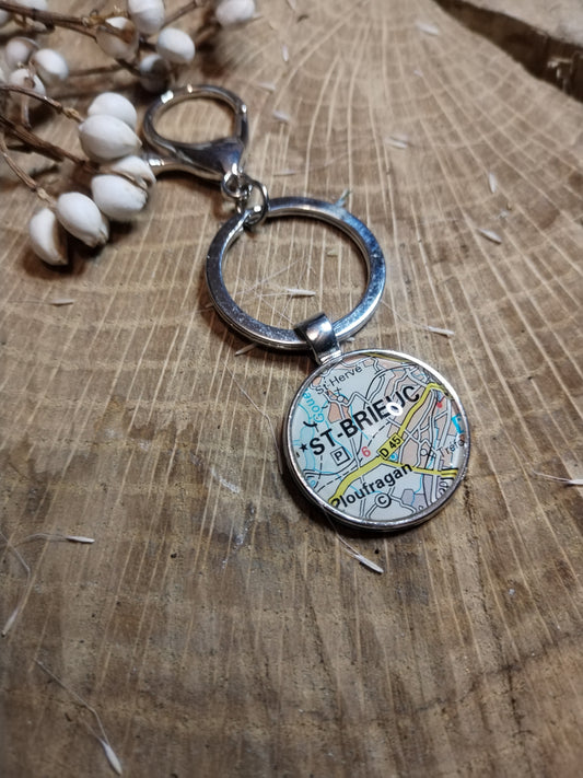 Porte-clefs cabochon 25mm - Recyclage carte routière - Saint Brieuc (22 - Cotes d'Armor - BZH)
