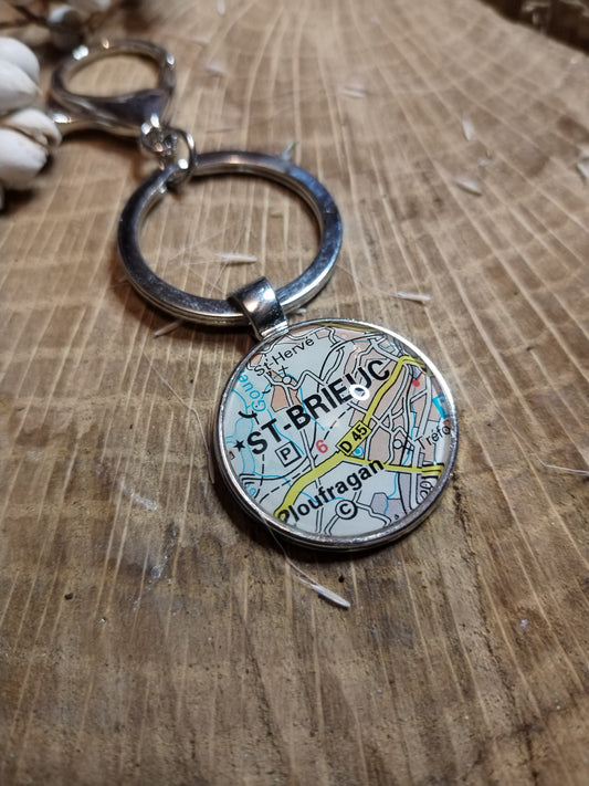 Porte-clefs cabochon 25mm - Recyclage carte routière - Saint Brieuc (22 - Cotes d'Armor - BZH)