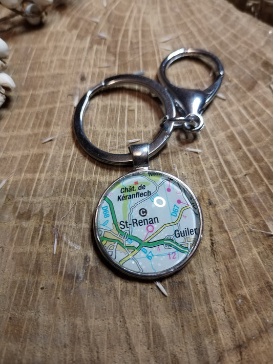 Porte-clefs cabochon 25mm - Recyclage carte routière - Saint Renan (29)