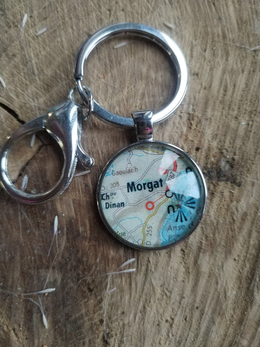 Porte-clefs cabochon 25mm - Recyclage carte routière - Morgat (29 - Finistère - BZH)