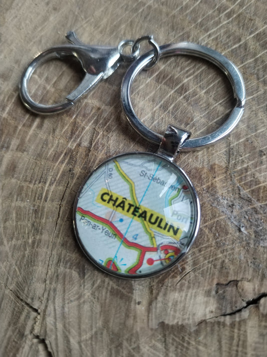 Porte-clefs cabochon 25mm - Recyclage carte routière - Chateaulin (29)