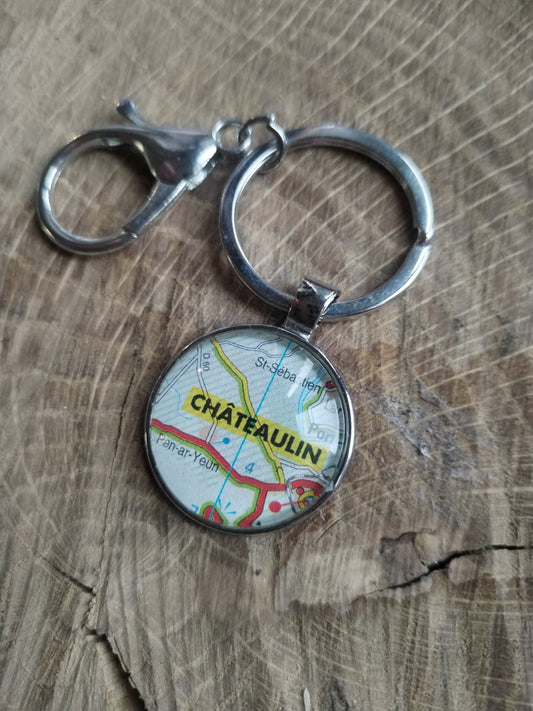 Porte-clefs cabochon 25mm - Recyclage carte routière - Chateaulin (29)