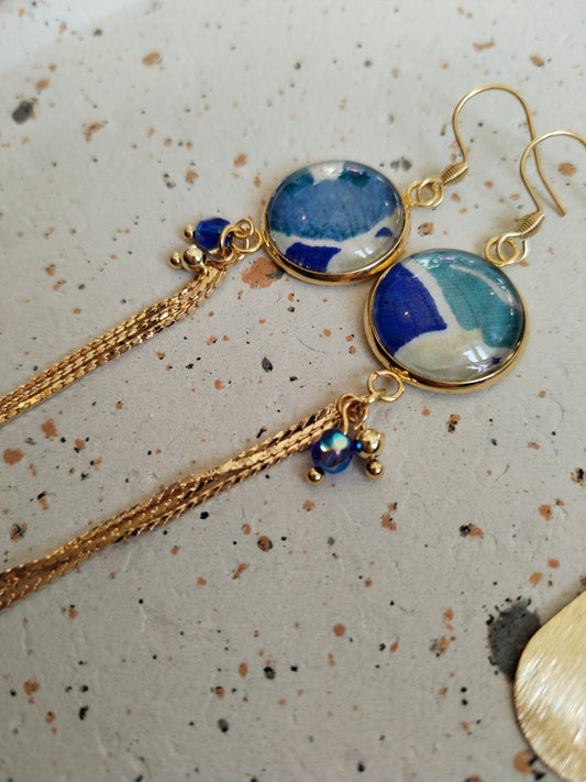 Boucles d'oreilles cabochons ronds 16mm - Acier inoxydable doré - papier japonais bleu