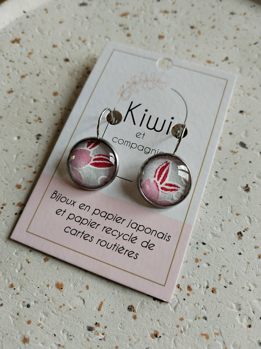 Boucles d'oreilles dormeuses rondes 16mm - Acier inoxydable - blanc, fleur rose