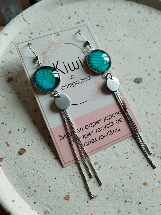 Boucles d'oreilles cabochons ronds 16mm - Acier inoxydable - papier japonais bleu feuillage