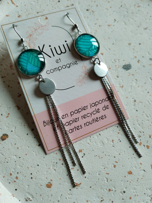 Boucles d'oreilles cabochons ronds 16mm - Acier inoxydable - papier japonais bleu feuillage