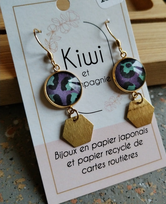 Boucle d'oreille acier doré papier léopard violet/turquoise