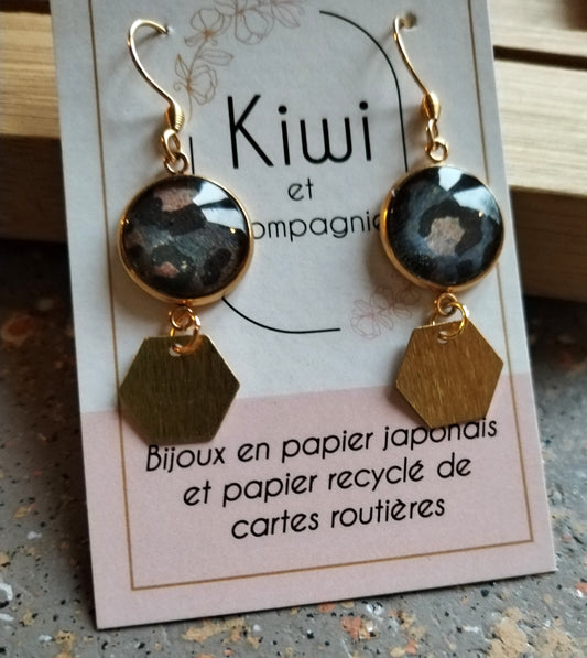 Boucle d'oreille acier doré papier léopard bleu/ brun