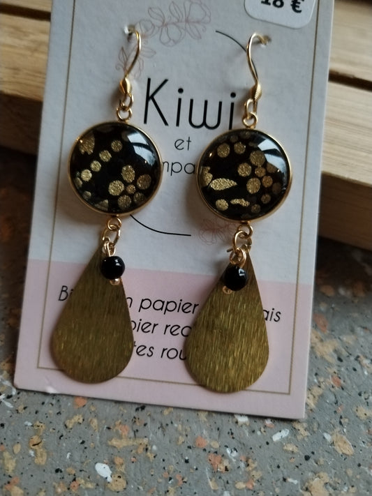 Boucle d'oreille acier doré papier japonais  noir et doré