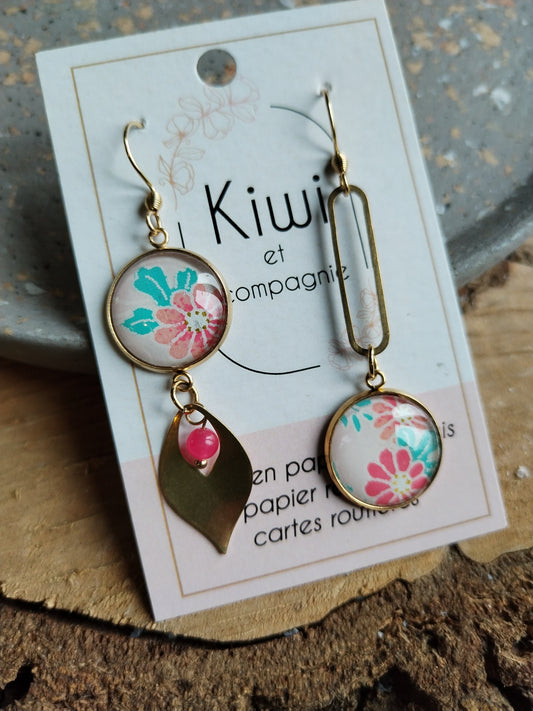 Boucles d'oreilles asymétriques - Cabochons 16mm - Acier inoxydable doré  -