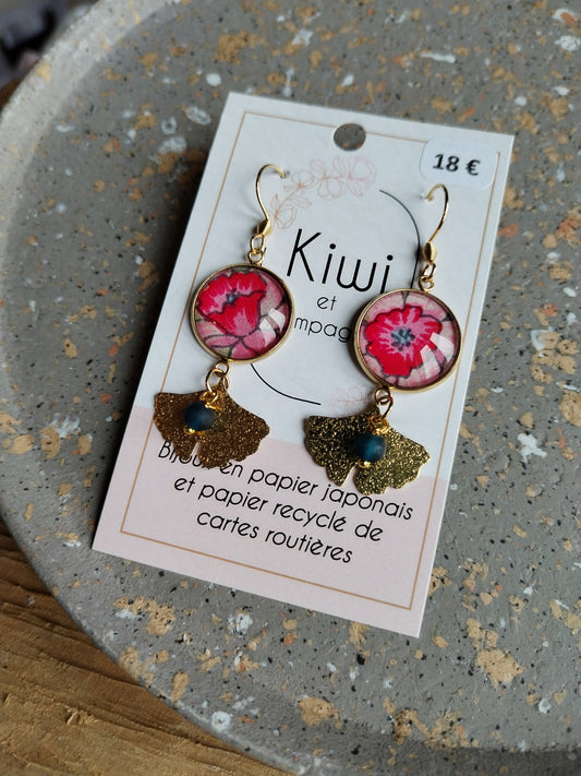 Boucles d'oreilles cabochons ronds 16mm - Acier inoxydable doré - Papier japonais fleur rose et perle - Breloque feuille de ginkgo
