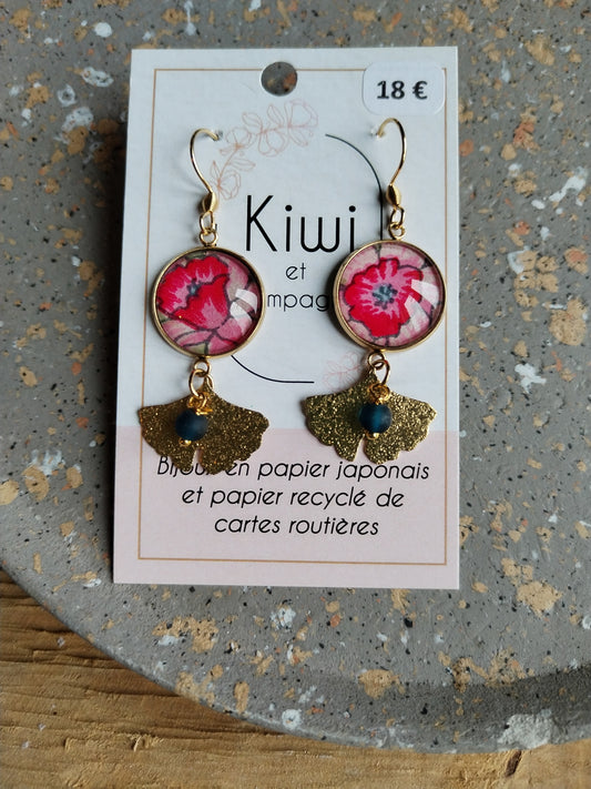Boucles d'oreilles cabochons ronds 16mm - Acier inoxydable doré - Papier japonais fleur rose et perle - Breloque feuille de ginkgo
