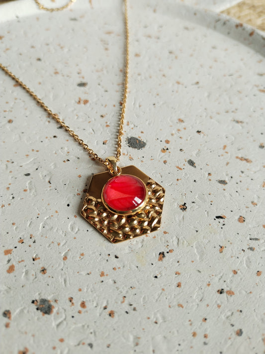 Collier cabochon  en acier inoxydable doré - orange -rouge