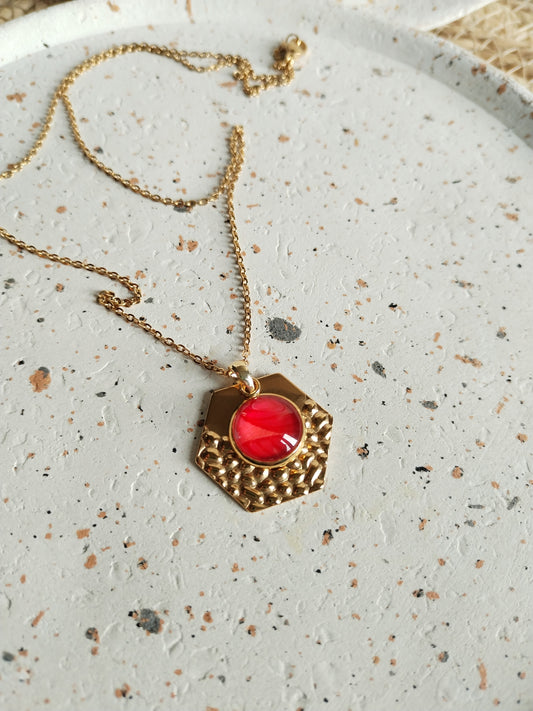Collier cabochon  en acier inoxydable doré - orange -rouge