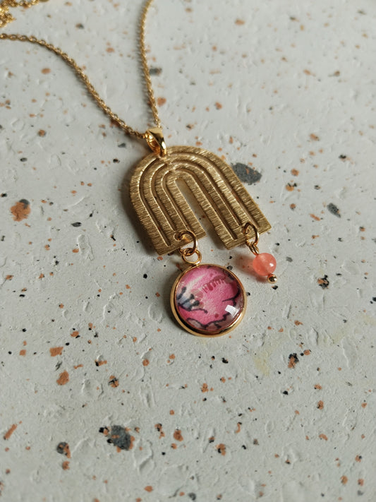 Collier cabochon 16mm en acier inoxydable doré -arc-en-ciel-rose
