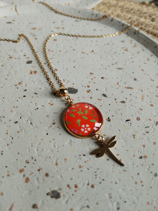Collier cabochon 20 mm en acier inoxydable doré - orange - libellule