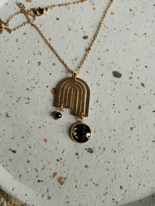 Collier cabochon 16mm en acier inoxydable doré -arc-en-ciel-noir