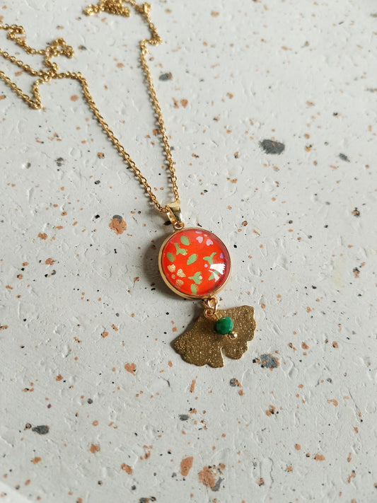 Collier cabochon 16mm en acier inoxydable doré - orange -perle -