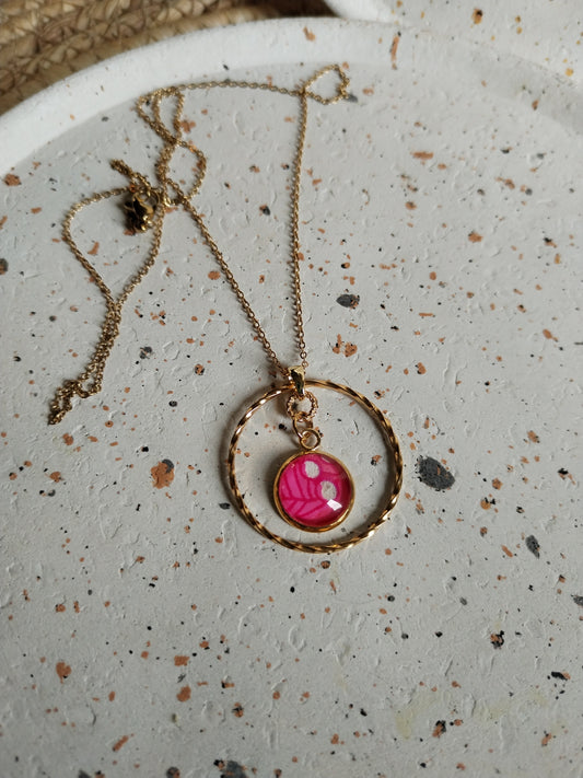Collier cabochon  en acier inoxydable doré -rose