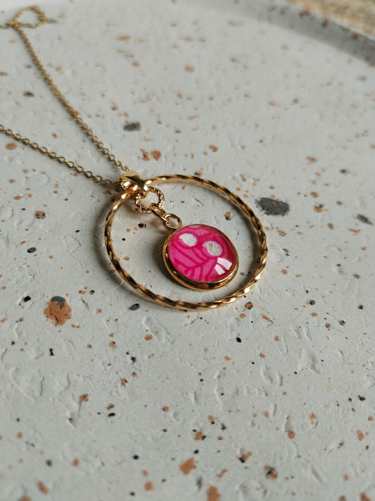 Collier cabochon  en acier inoxydable doré -rose