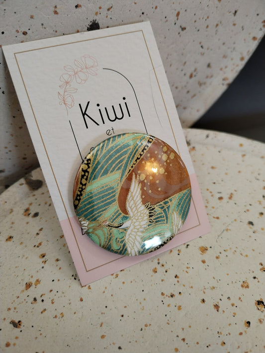 Badge 44 mm - papier japonais, vert- moutarde-doré