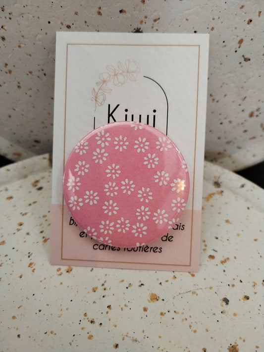 Badge 44 mm - papier japonais, rose fleur blanche