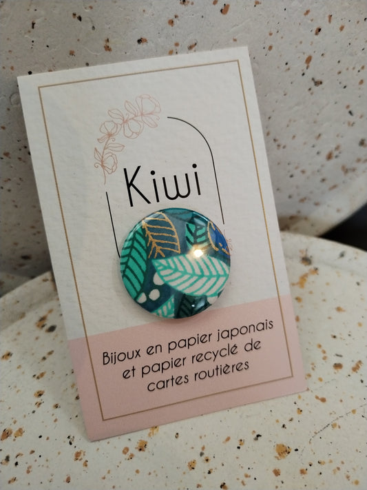 Badge 25 mm - papier japonais-bleu turquoise feuilles
