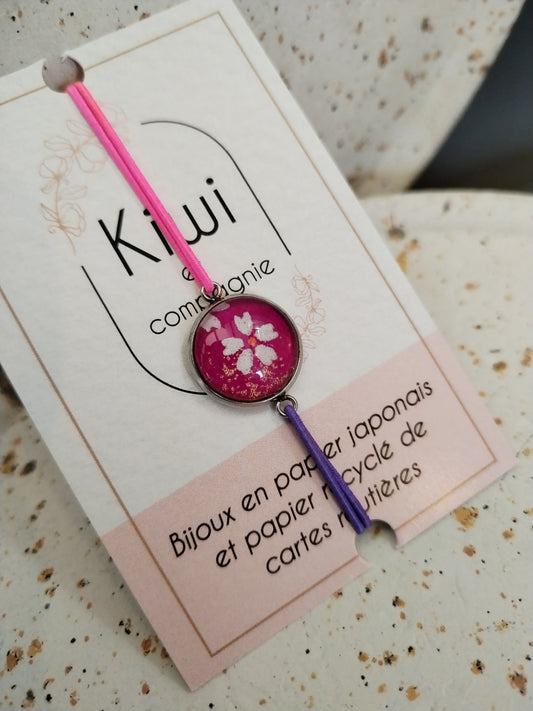 Bracelet élastique papier japonais rose et fleur