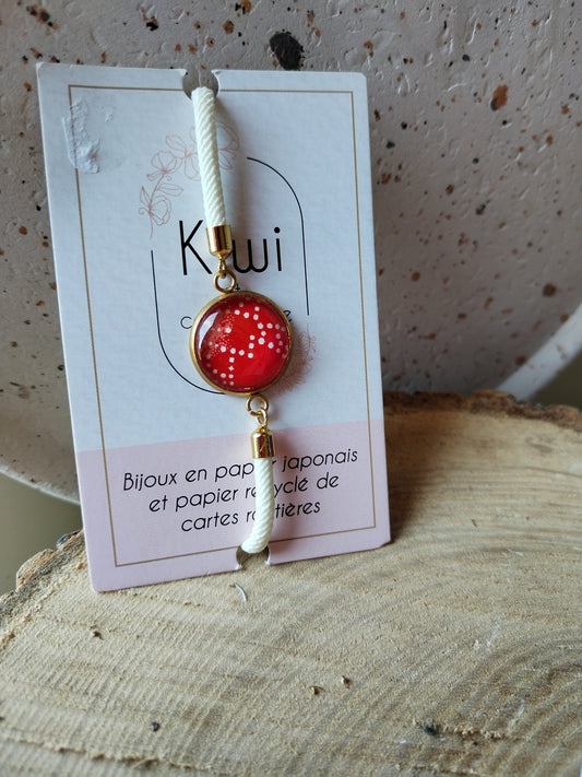 Bracelet réglable en coton blanc - cabochon rouge pois blanc