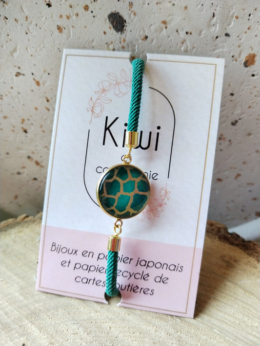 Bracelet réglable en coton vert - cabochon vert et doré