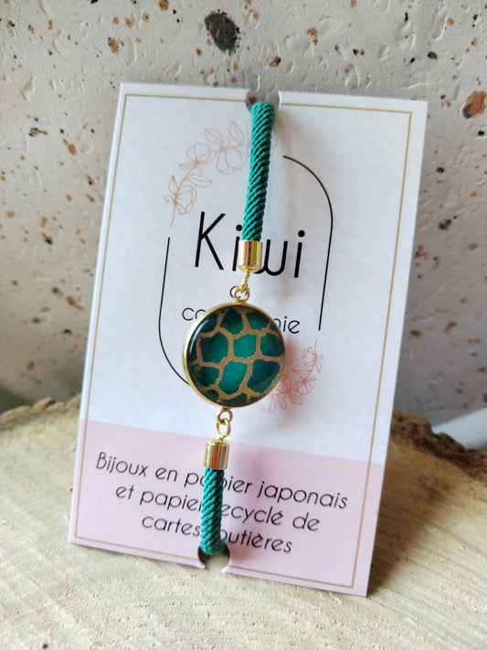 Bracelet réglable en coton vert - cabochon vert et doré