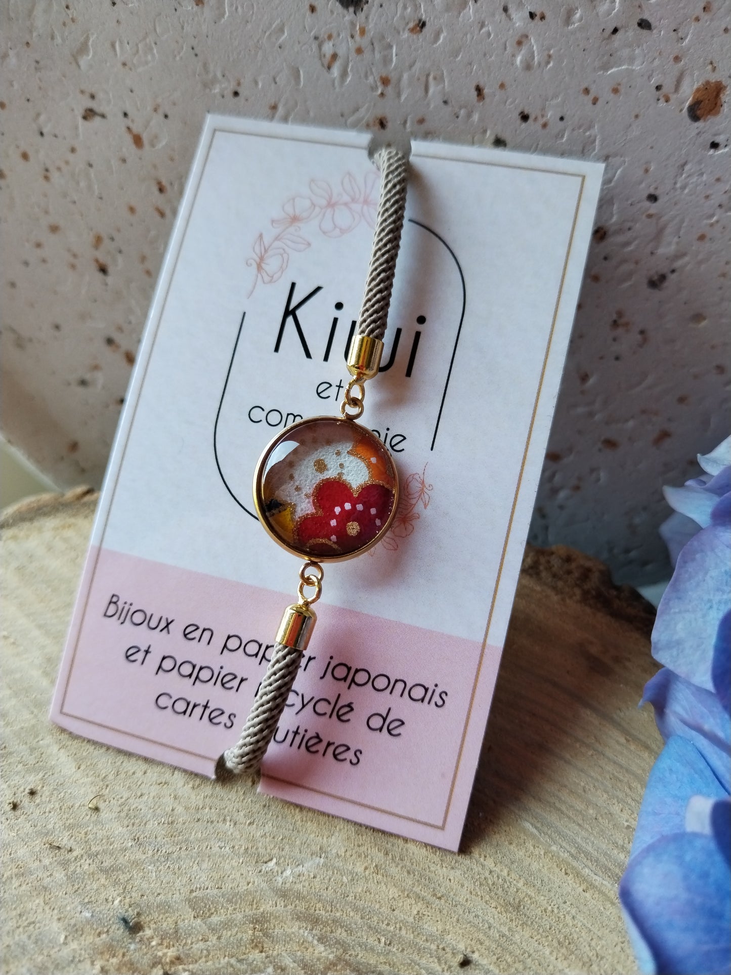 Bracelet réglable en coton beige  - cabochon fleur orange
